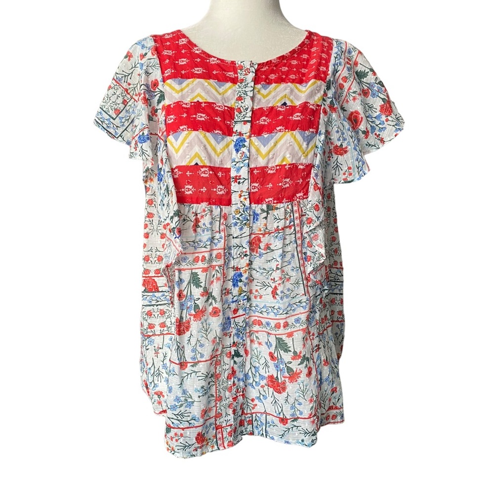 Anthropologie Letrueke Patchwork Printed Peasant Top Blouse Size 6